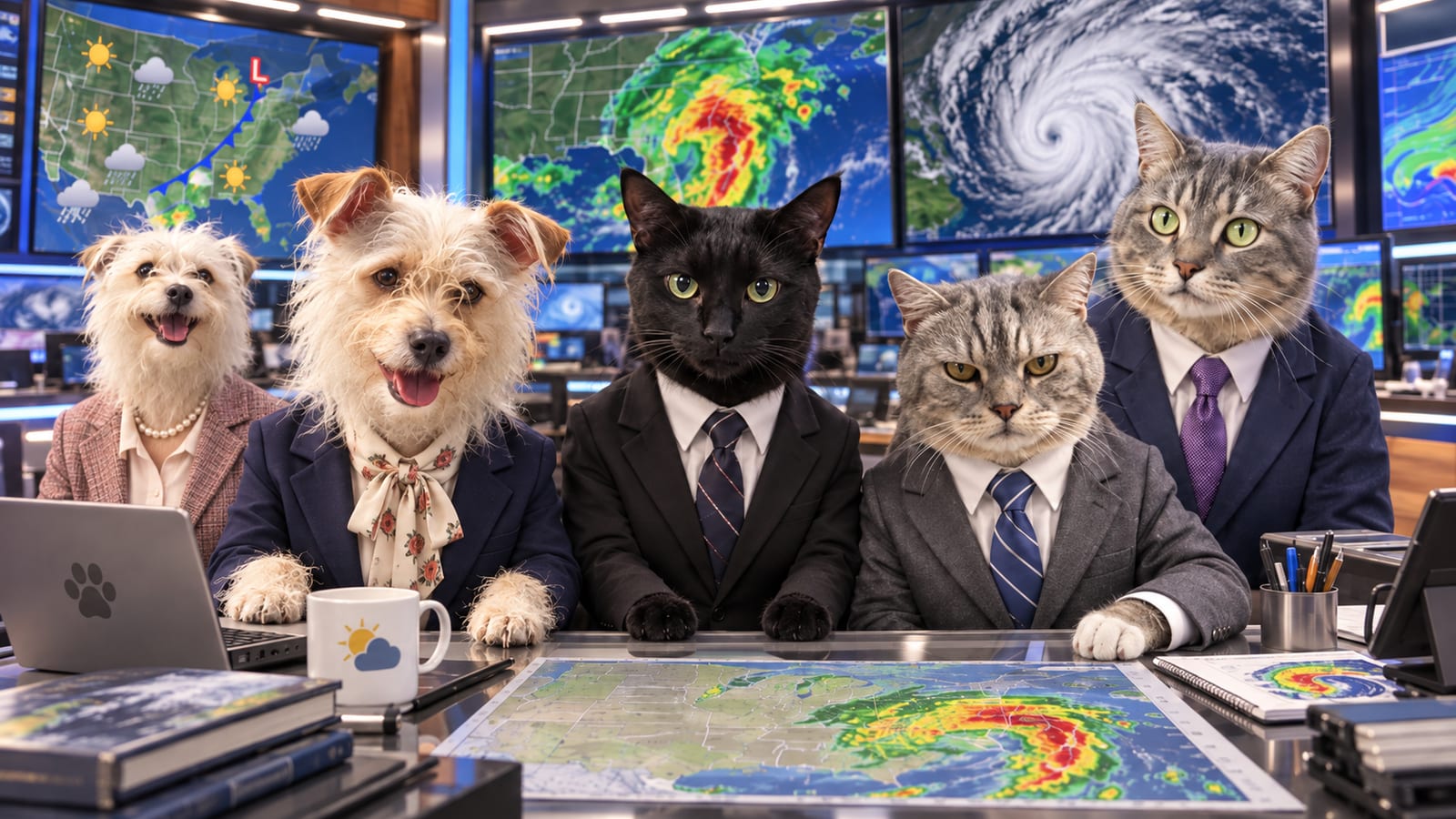 Five pet weather anchors in suits at a newsroom desk, forecast maps and hurricane radar on the screens behind them